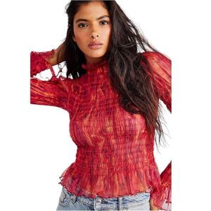NWOT Free People Hello There Ruffled Sheer Mesh Top Red Pink Orange Abstract XS